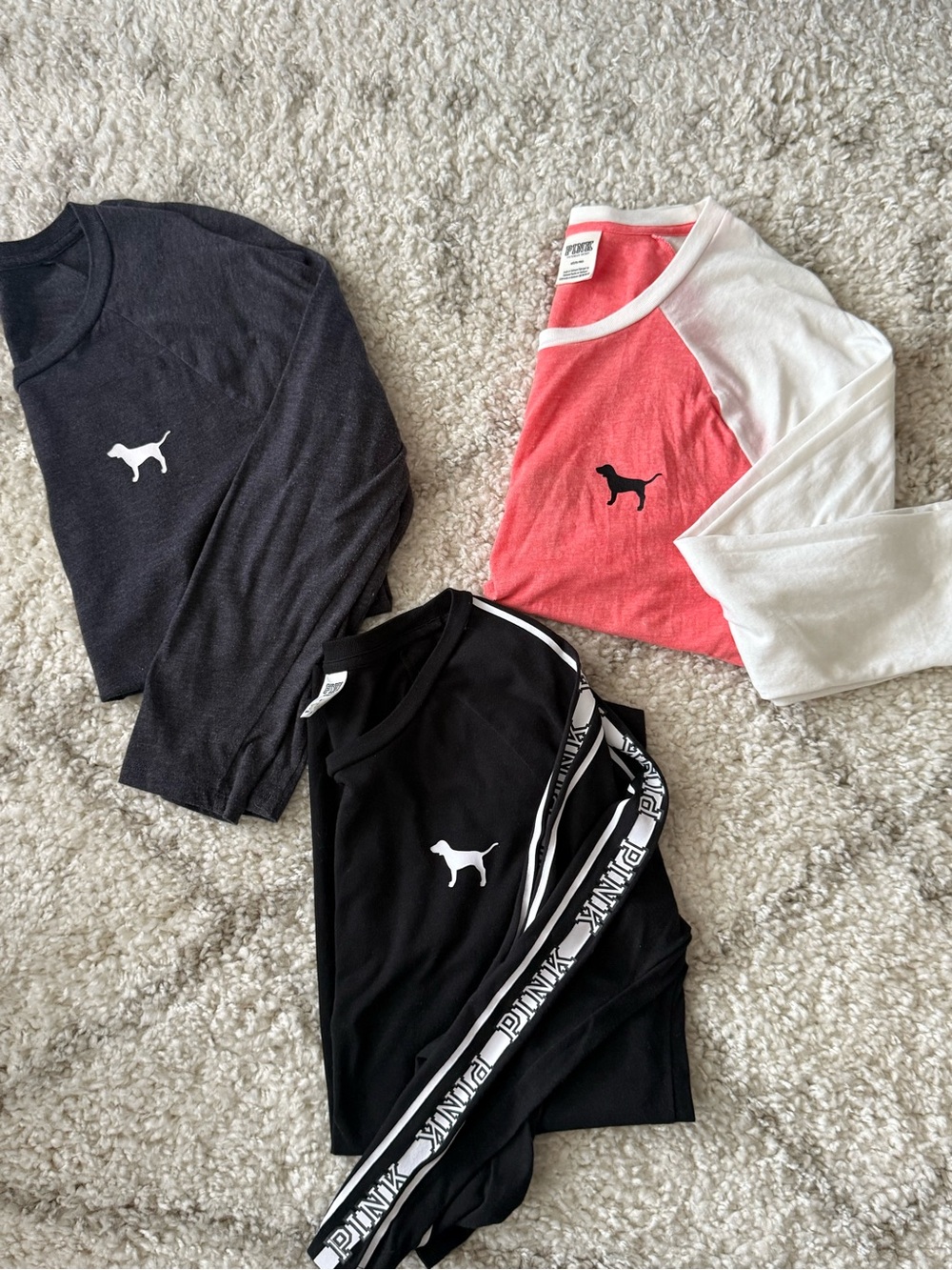 PINK Victoria Secret Logo 3/4 Sleeve Tops - Black, Charcoal, Coral/White